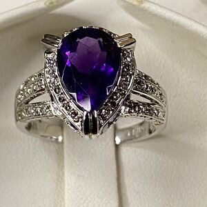 African Amethyst & White Topaz Ring Pear Cut Sterling Silver 4.42CTW‎ Sz 9